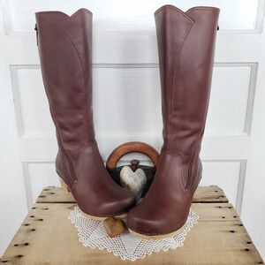 Chocolate Dansko Martha Tall Clog Boot Knee Zipper Oiled Leather Boho Retro 38